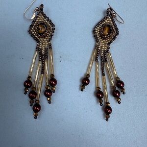 Elegant Beaded Dangle Earrings - Gold and Brown hand beaded with Tiger’s eye
